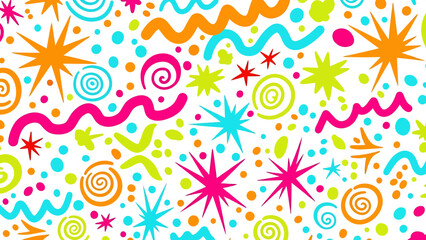 Fototapeta premium Funky and energetic abstract pattern featuring a random assortment of colorful stars, swirls, and lines on a white background