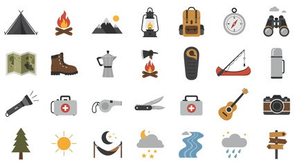 Collection of camping and outdoor adventure flat icons