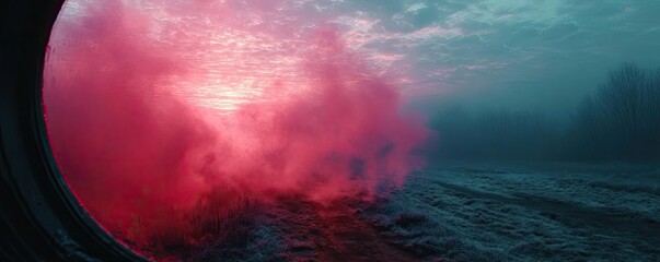 Grainy retro red light leaks with dust concept. A dramatic scene of colored smoke rising against a sunset backdrop.