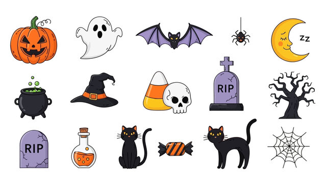 Spooky Halloween icons featuring pumpkins, ghosts, bats, and other classic holiday symbols for decorations and designs - Powered by Adobe