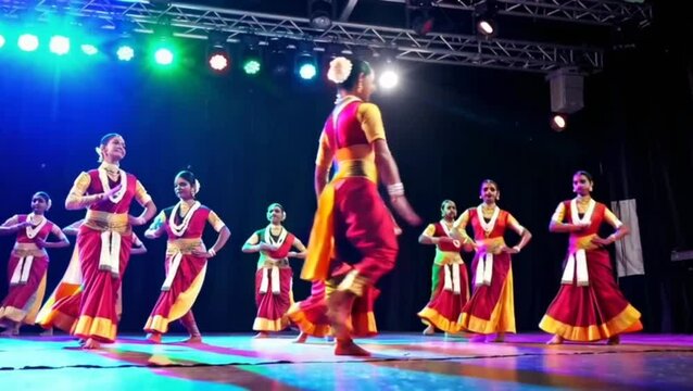 Indian classical dancers performing Bharatanatyam with tricolor spotlight
