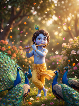 A cartoon of lord krishna playing the flute surrounded by peacocks in a garden setting with flowers