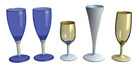 Assorted elegant glassware in blue gold and silver on a white background