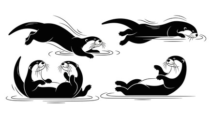 Fototapeta premium Playful otters swimming and floating in water