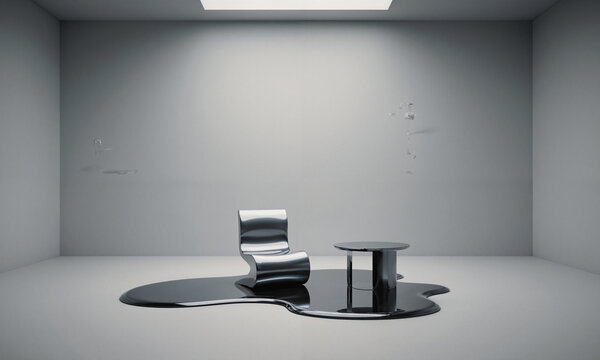 Programmable Matter Furniture. A sparse room where a puddle of metallic programmable matter on the floor is actively reconfiguring itself