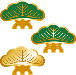 Pine Tree (Matsu) Icon Set in Green and Gold, Japanese New Year Ornament