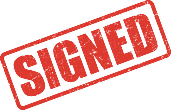 Distressed red rectangular stamp displays the word SIGNED diagonally, showing signs of wear and is transparent