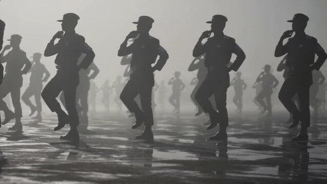 Republic Day parade rehearsal early morning fog, silhouettes moving in rhythm
