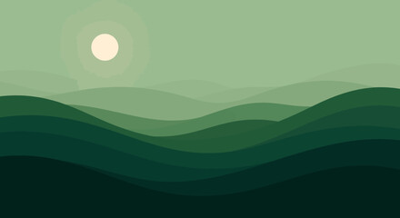 Minimalist abstract landscape with layered green hills and a gentle sun, a tranquil nature background in a monochromatic color palette
