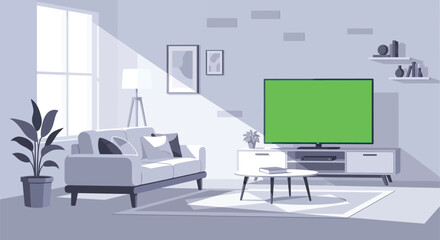 Minimalist living room interior design featuring a large television with a vibrant green screen for custom content display and natural light streaming through the window