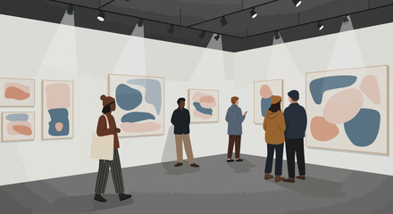 Fototapeta premium Visitors admiring abstract modern art paintings displayed in a brightly lit contemporary art gallery exhibition space