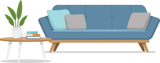 Minimalist illustration of a modern blue sofa with accent pillows next to a small wooden side table holding a potted plant and stacked books