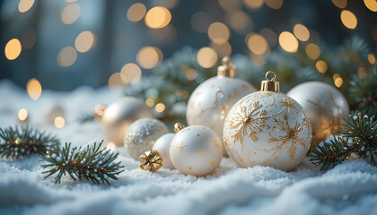 A luxurious arrangement of white and gold Christmas ornaments resting on soft snow-like fabric with pine leaves and warm fairy-light bokeh, creating an elegant premium winter holiday composition.