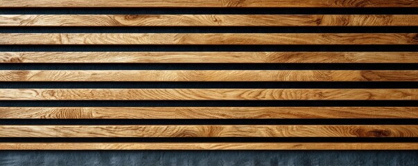 Acoustic wood panel wall with black cloth concept. Close-up view of wooden slatted paneling showcasing natural grain.
