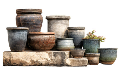 A cluster of ceramic flower pots of varying sizes, arranged artfully on a weathered stone step, isolated on a Transparent background