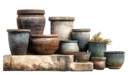 A cluster of ceramic flower pots of varying sizes, arranged artfully on a weathered stone step, isolated on a Transparent background