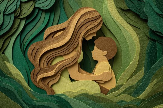 Stylized paper art depicts a nurturing embrace between a maternal figure and a young child amidst layered greenery