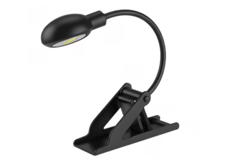 Black clip-on L E D reading lamp with flexible gooseneck and bright white light isolated on a transparent background