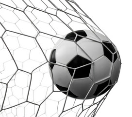 Black and white soccer ball caught in white net against black background isolated on a transparent background