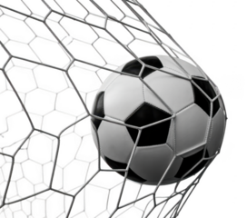 Black and white soccer ball caught in white net against black background isolated on a transparent background