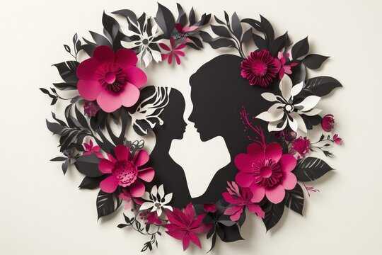 Paper craft silhouette artwork depicts maternal bond framed by dark and magenta blossoms