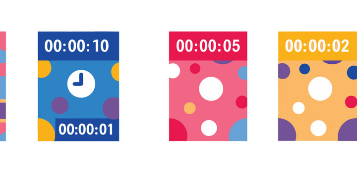Colorful timers countdown with polka dot backgrounds in a playful design style