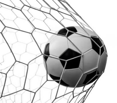 Black and white soccer ball caught in white net against black background isolated on a transparent background