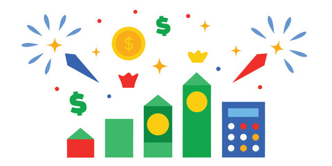 Fototapeta premium Financial growth chart with calculator and dollar signs celebrating success