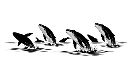 Whales breaching ocean surface monochrome outline