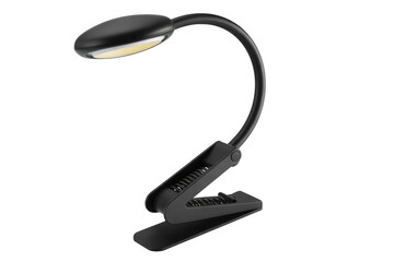 Black flexible gooseneck clip-on reading light with L E D illumination isolated on a transparent background