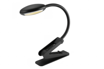Black flexible gooseneck clip-on reading light with L E D illumination isolated on a transparent background