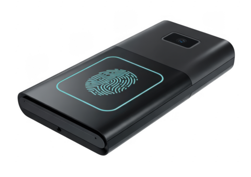 Black electronic device with glowing blue fingerprint scanner and camera lens isolated on a transparent background
