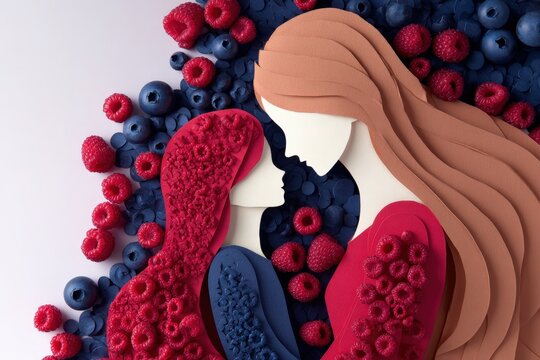 Two stylized figures embracing amidst an arrangement of red and blue berries in a paper cut style - Powered by Adobe