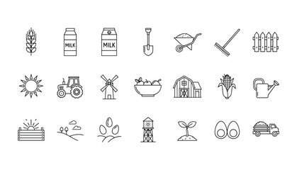 Collection of farming agriculture field vector linear elements and objects