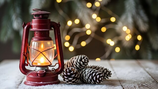 Vintage red lantern with pine cones and bokeh lights