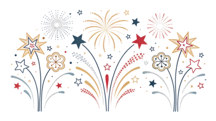 Festive hand drawn fireworks display illustration featuring stars and colorful bursts for celebration isolated on transparent background