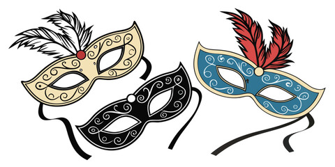 Three ornate venetian masks in different colors for a masquerade ball theme art