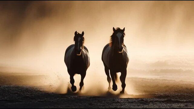 Two horses running towards the camera in a dusty field with a warm, golden light suitable for a dramatic scene.