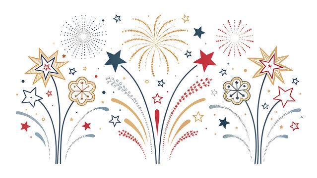 Festive hand drawn fireworks display illustration featuring stars and colorful bursts for celebration isolated on transparent background - Powered by Adobe