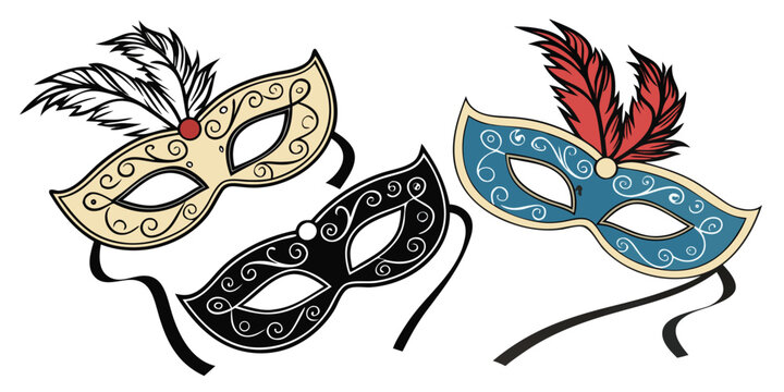 Three ornate venetian masks in different colors for a masquerade ball theme art - Powered by Adobe