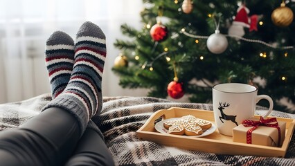 Cozy christmas morning with warm socks hot drink and festive decorations
