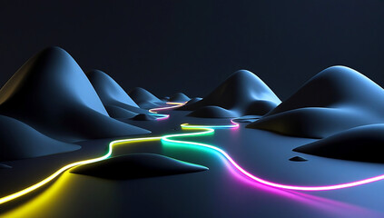 Futuristic Neon Wave Flowing Across Abstract Dark Landscape &ndash; Vibrant Multicolored Light Trail on Minimal 3D Terrain Background