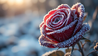 A dramatic macro close-up of a red rose coated in delicate frost crystals, illuminated by icy morning light with razor-sharp details and a softly blurred winter background.
