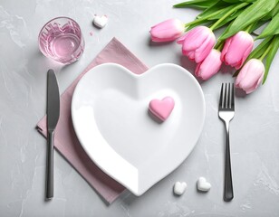 Romantic dining setting with heart plate, flower, and drink