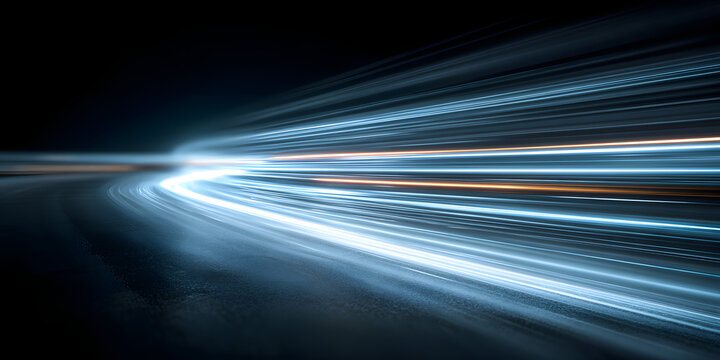 Horizontal speed lines connection background. Futuristic dynamic motion technology blue glowing lines air flow effect. Racing cars dynamic flash effects city road with long exposure