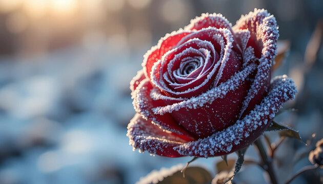 A dramatic macro close-up of a red rose coated in delicate frost crystals, illuminated by icy morning light with razor-sharp details and a softly blurred winter background. - Powered by Adobe