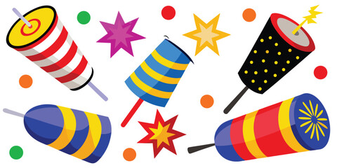 Colorful assortment of party poppers and confetti on a white background design