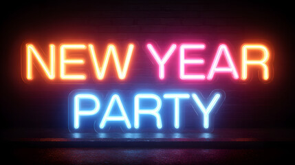 Obraz premium New Year Party text font with neon light. Luminous and shimmering haze inside the letters of the text New Year Party. 2024,2025,2026 Chirstmas.