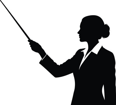 Businesswoman Silhouette Pointing with Presentation Stick Vector Icon Side Profile Professional Female Speaker Explaining