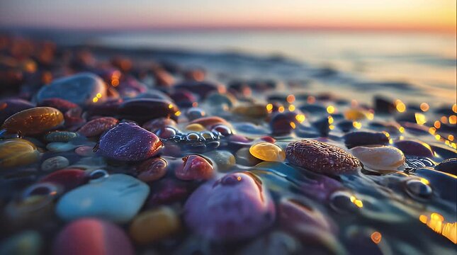 Seashore pebbles reflecting sunset light